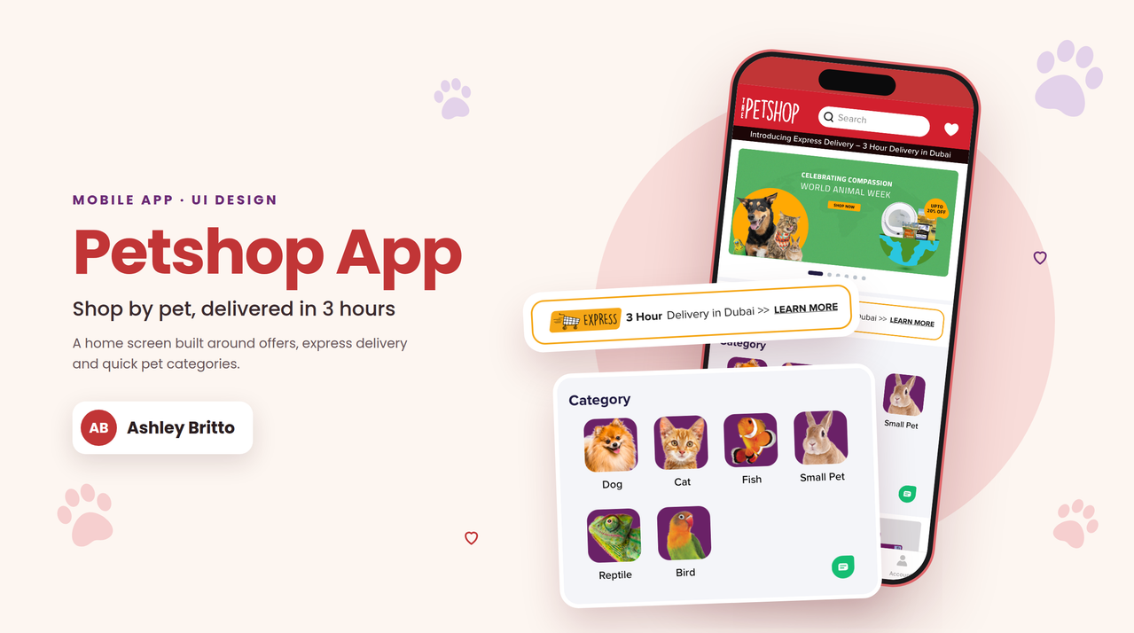 The Petshop Middle East mobile app interface variations