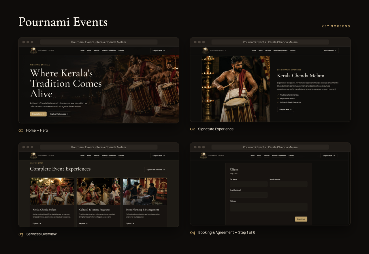 Pournami Events key website screens