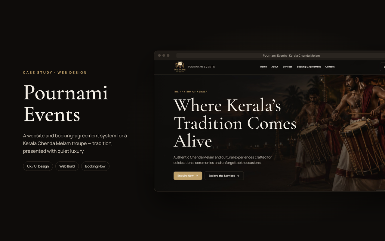 Pournami Events website hero design